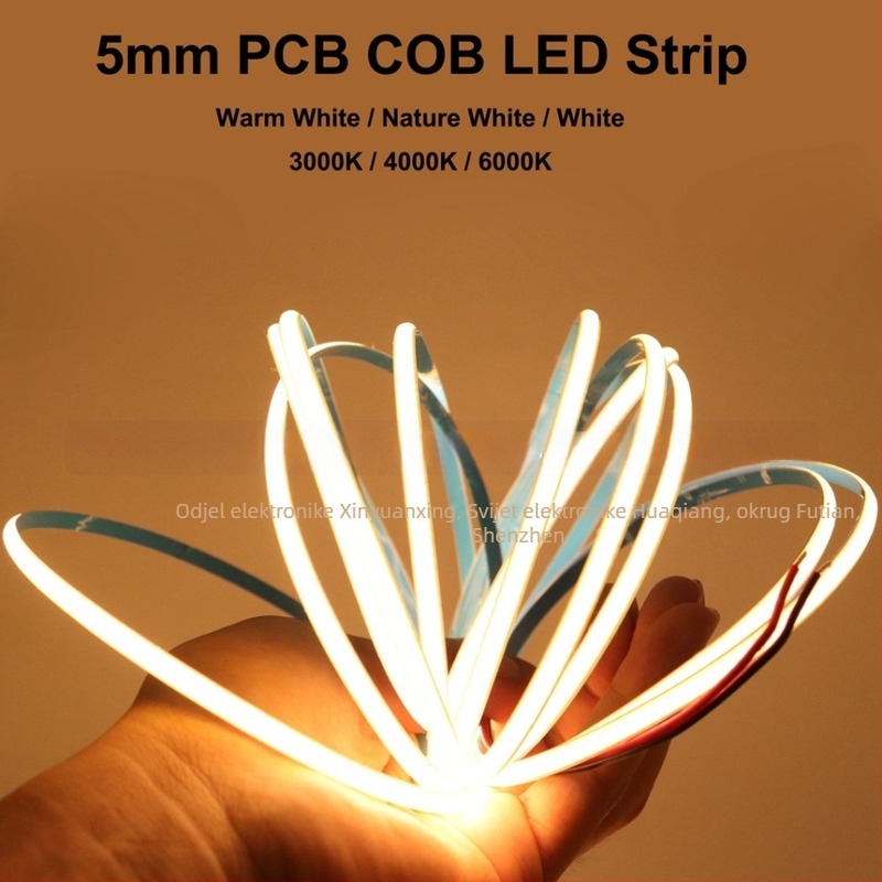 5 mm svijetli fleksibilni LED trak za ormar, 12/24V COB s 384 LED, prirodna topla bijela svjetlost