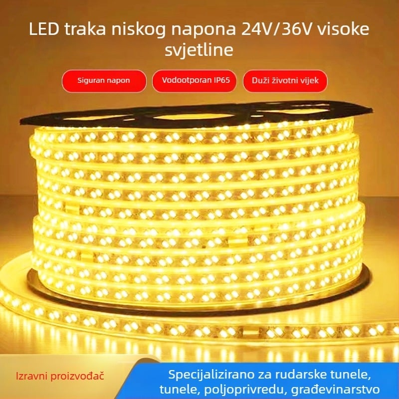 Niskonaponska LED traka 24V/36V, visoka svjetlina 2835, dvostruki red, vodootporna za vanjsku upotrebu, za tunele, rudnike i toranj-kranove – ambijentalno osvjetljenje