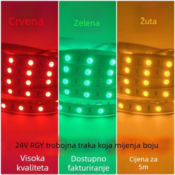 Crvena, zelena i žuta 24V trobojna LED traka s zajedničkim pozitivnim i zajedničkim negativnim napajanjem, za indikacijske svjetiljke opreme i strojeva.