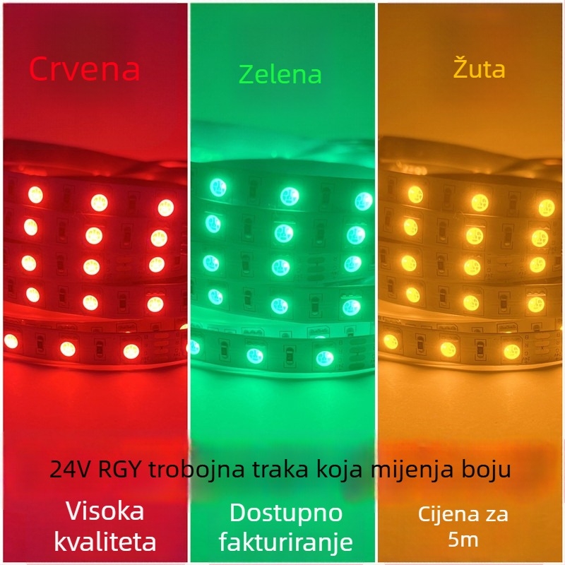 Crvena, zelena i žuta 24V trobojna LED traka s zajedničkim pozitivnim i zajedničkim negativnim napajanjem, za indikacijske svjetiljke opreme i strojeva.