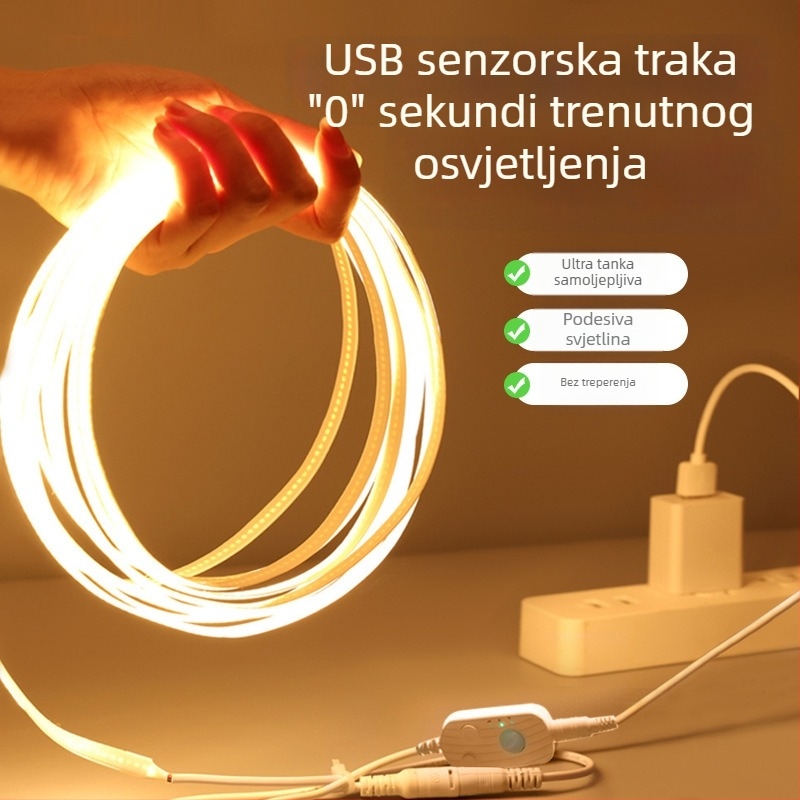 LED traka s senzorom pokreta, bežični, samoljepljivi za garderobu, ormarić za cipele i ambijentalno osvjetljenje ispod kreveta, USB napajanje