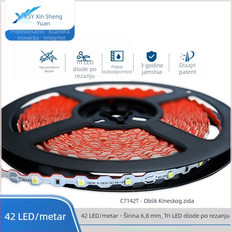 2835 LED trak u obliku Velikog zida, širina 6.8 mm, 42 LED/m, tri LED-a po klipu, SMD, vodootporan, samoljepljiv, 12V, bijela svjetlost