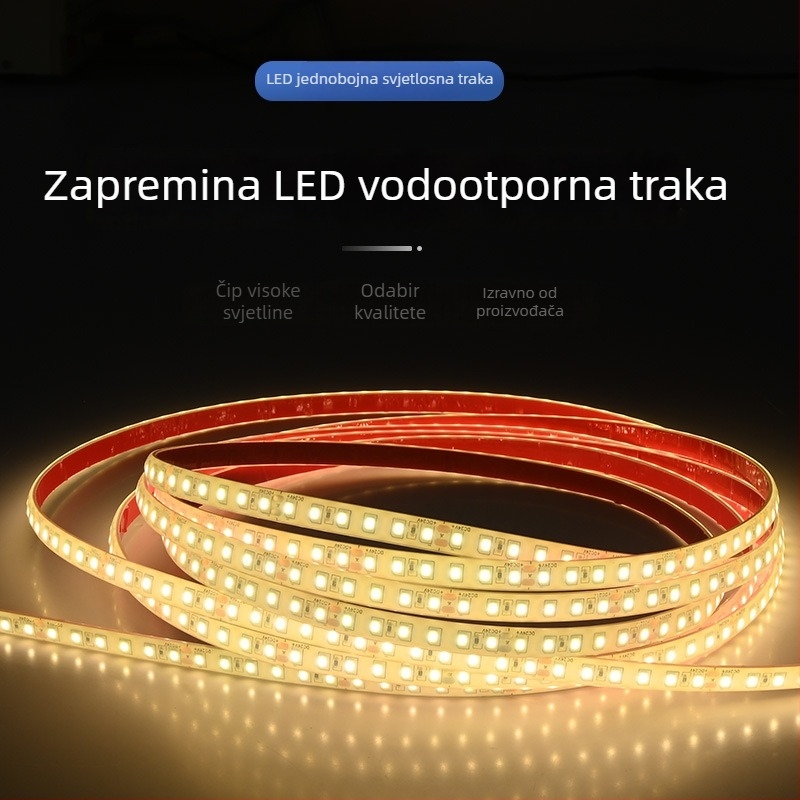Vodootporna LED traka 24V, za vanjsku upotrebu, samoljepljiva, 2835 LED, linearna, 120 LED, gumirani premaz, integrirani ekstrudirani trak