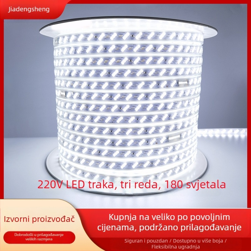 LED traka 220V, 2835 tri nagnuta reda, visoka svjetlost, vodootporna, za vanjsko inženjersko osvjetljenje i kućno stropno osvjetljenje