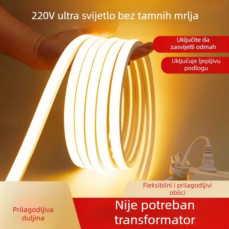 COB LED traka 220V, vodootporna, samoljepljiva za stropni kanal, linearno svjetlo za dnevni boravak
