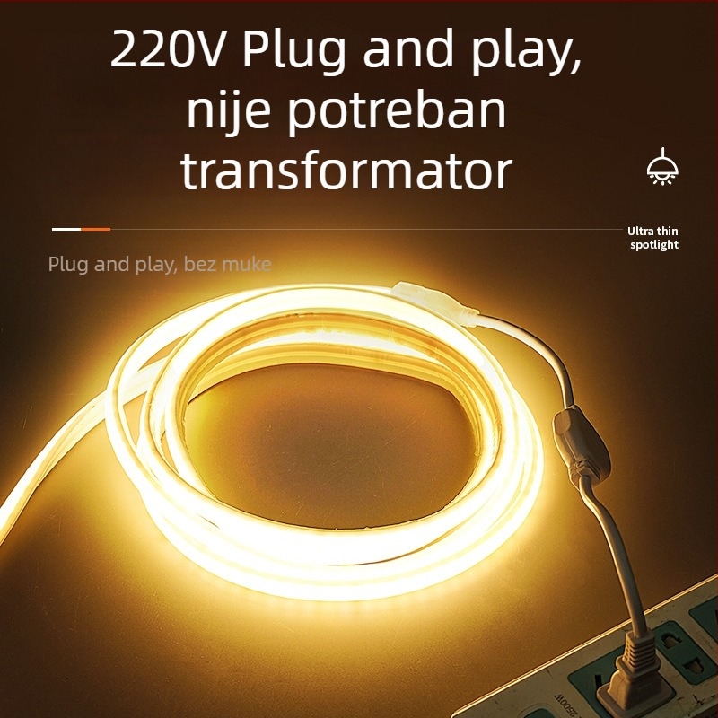 COB LED traka 220V, vodootporna, samoljepljiva za stropni kanal, linearno svjetlo za dnevni boravak