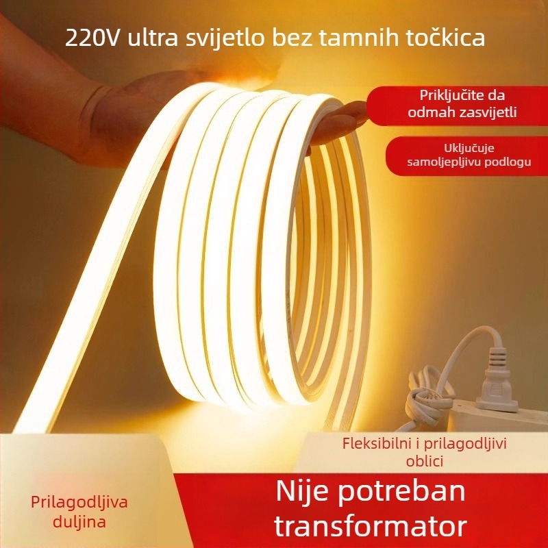 COB LED traka 220V, vodootporna, samoljepljiva za stropni kanal, linearno svjetlo za dnevni boravak