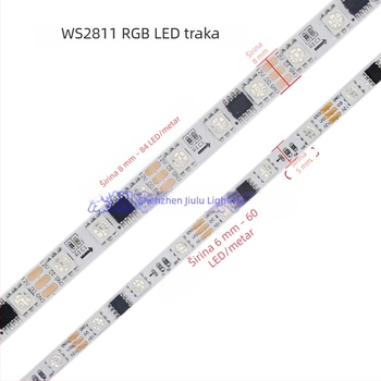 WS2811 RGB LED traka, uska pločica 8 mm, 5050 LED, 84 LED/m, potpuno boja, vodopadni efekt svjetla
