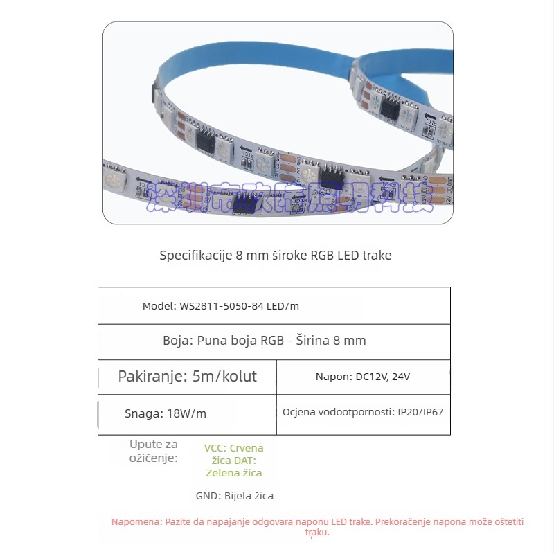 WS2811 RGB LED traka, uska pločica 8 mm, 5050 LED, 84 LED/m, potpuno boja, vodopadni efekt svjetla
