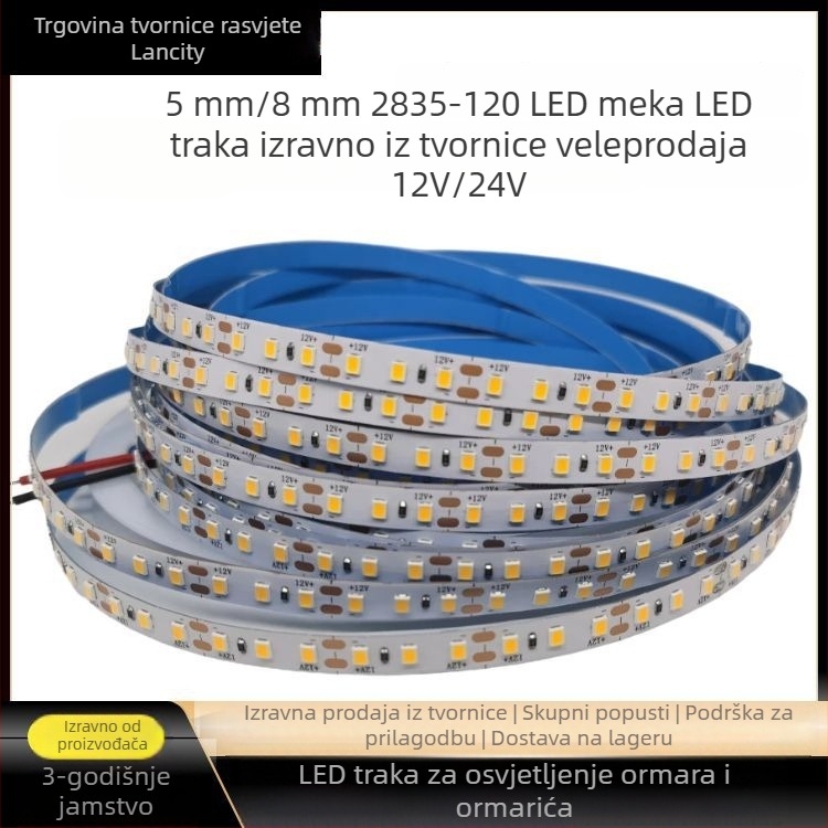 LED trak 2835, napajanje 12V, 120 LED, širina 8 mm, silikonski linearni rasvjetni trak za ormariće i vitrine, duljina 10 m