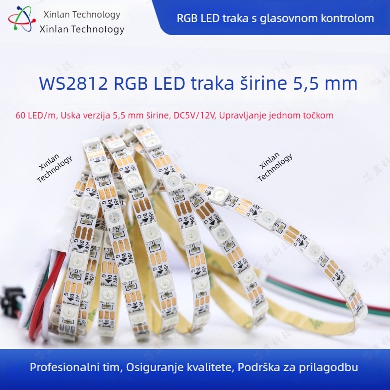 WS2812B RGB LED traka, uska 5,5 mm, 5V, pojedinačno adresabilne LED, programsko ambijentalno osvjetljenje