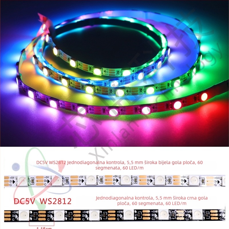 WS2812B RGB LED traka, uska 5,5 mm, 5V, pojedinačno adresabilne LED, programsko ambijentalno osvjetljenje