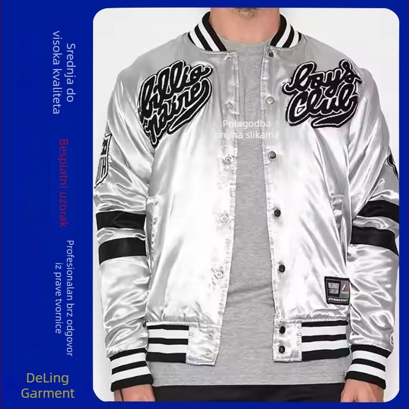 Saten jakna s PU kožnim rukavima, izvezen logotip u američkom sveučilišnom stilu, prilagođeni streetwear bomber jakna