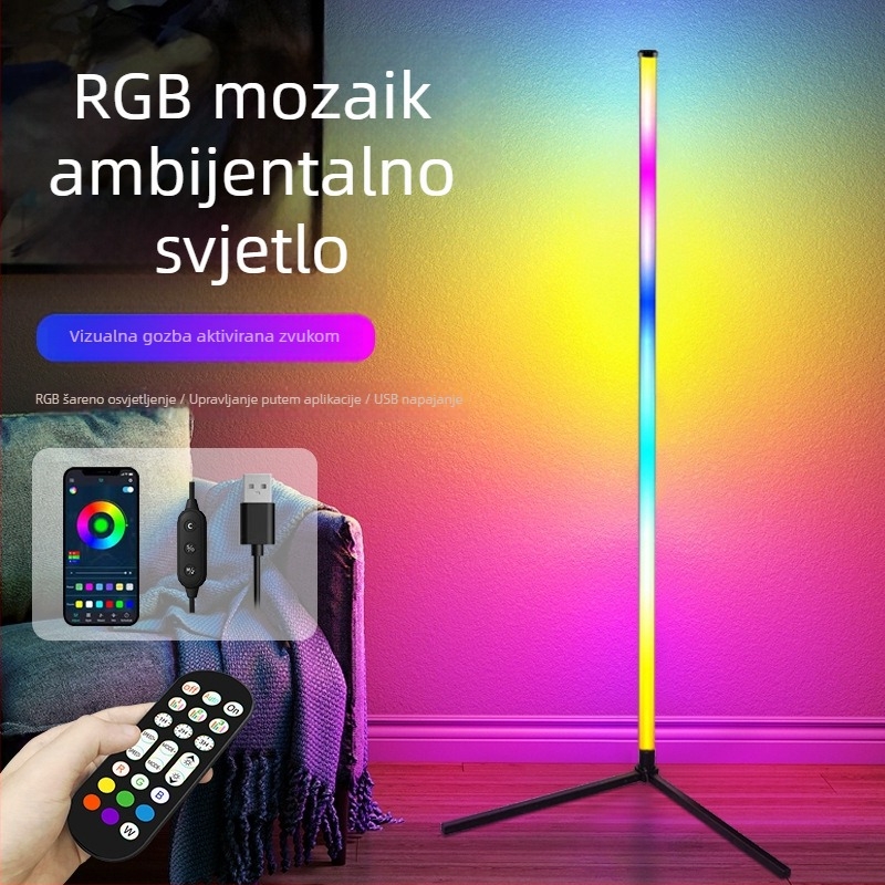 Stojeća lampa s RGB ambijentalnim osvjetljenjem, LED, podesiva jačina svjetla, senzor zvuka, za spavaću sobu i dnevni boravak.