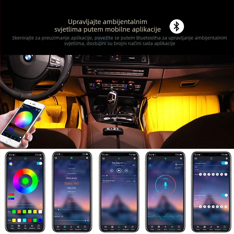 RGB LED ambijentalna traka za automobil, 1-4 izlaza, rasvjeta prostora ispod nogu, osjetljivo na glazbu, daljinsko upravljanje