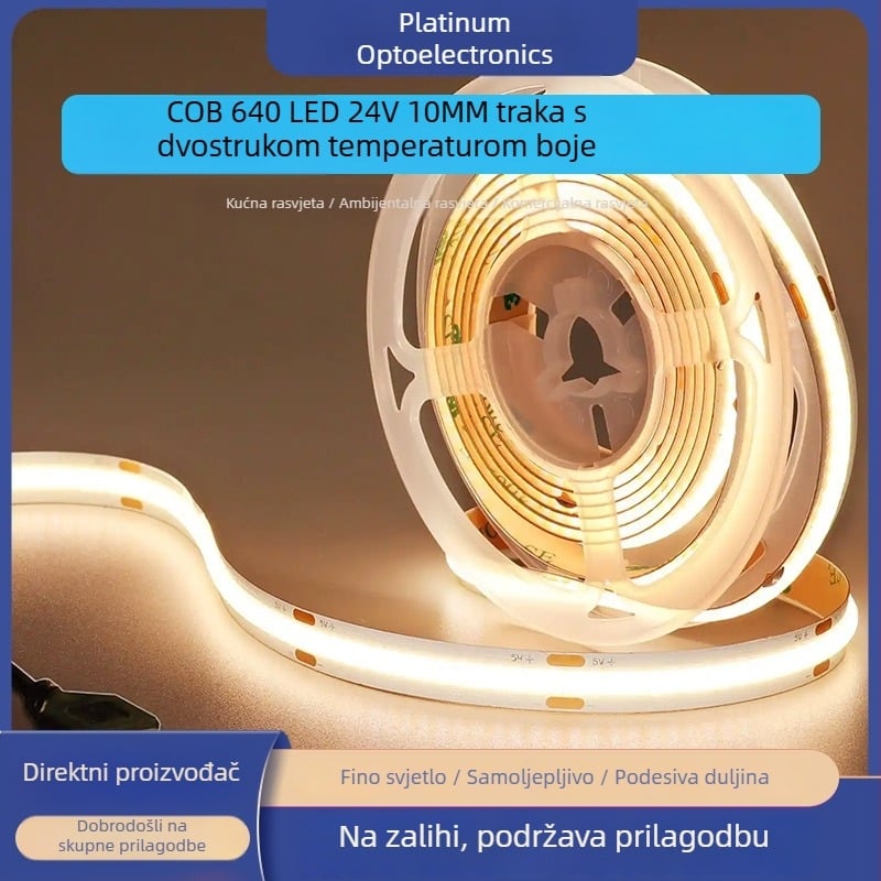 COB LED trak s dvostrukom temperaturom boje, 24V, 640 LED, duljina 5 m, širina 10 mm, visoka svjetlost, bez treperenja, unutarnje osvjetljenje, 90 CRI