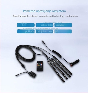 Unutarnja LED traka za automobil s 9 LED, podjela 1 na 4, daljinsko upravljanje, RGB 5050
