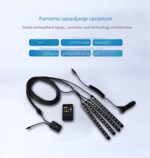 Unutarnja LED traka za automobil s 9 LED, podjela 1 na 4, daljinsko upravljanje, RGB 5050