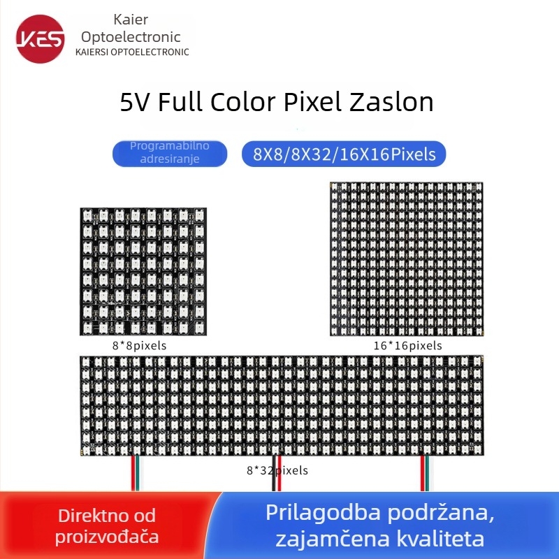 5V WS2812B LED matrica, fleksibilan zaslon, 8×8 / 8×32 / 16×16, puni boja, programabilni pikselni panel
