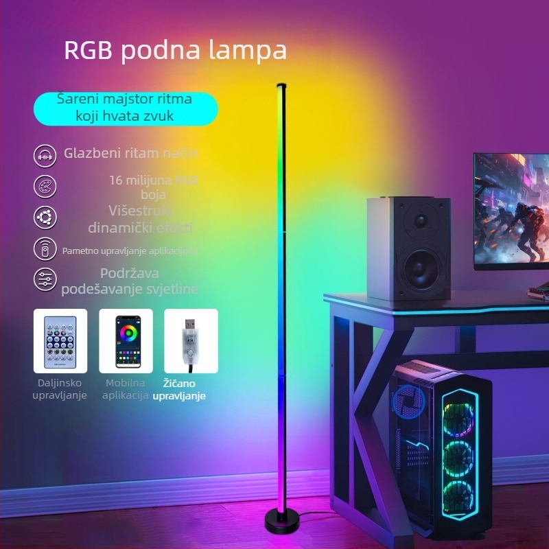 RGB podna lampa s okruglom bazom, zvukom aktivirana, šaren ambijentalni glazbeni osvjetljenje, daljinsko upravljanje i aplikacija, za kut dnevnog boravka i spavaće sobe