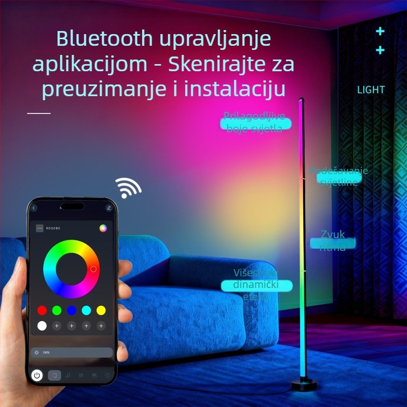 RGB podna lampa s okruglom bazom, zvukom aktivirana, šaren ambijentalni glazbeni osvjetljenje, daljinsko upravljanje i aplikacija, za kut dnevnog boravka i spavaće sobe