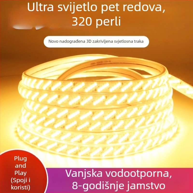 LED trak s 320 LED, 5 redova, vodootporan 220V, vanjska uporaba na stropu ili pozadinskom zidu, 2835 LED, CRI 90, dimabilna, 50 000 sati
