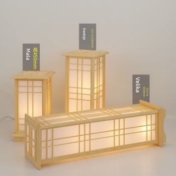 Japanski stil tatami podna lampa s drvenim tijelom, dva LED izvora, sjenilo od pergamenta, visina prilagodljiva do 900 mm