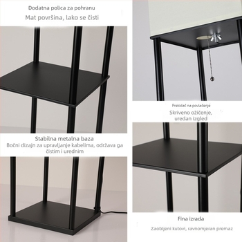 Podna lampa s trostrukim policama, američkog stila, crni okvir, nordijski minimalistički dizajn, kvadratno platnasto sjenilo