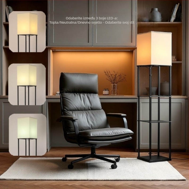 Podna lampa s trostrukim policama, američkog stila, crni okvir, nordijski minimalistički dizajn, kvadratno platnasto sjenilo