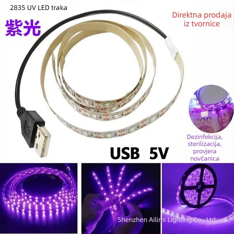 5V USB ljubičasta UV LED traka, 2835 SMD, 120 LED-a, 5,76 W/m, fleksibilna samoljepljiva traka za dezinfekciju