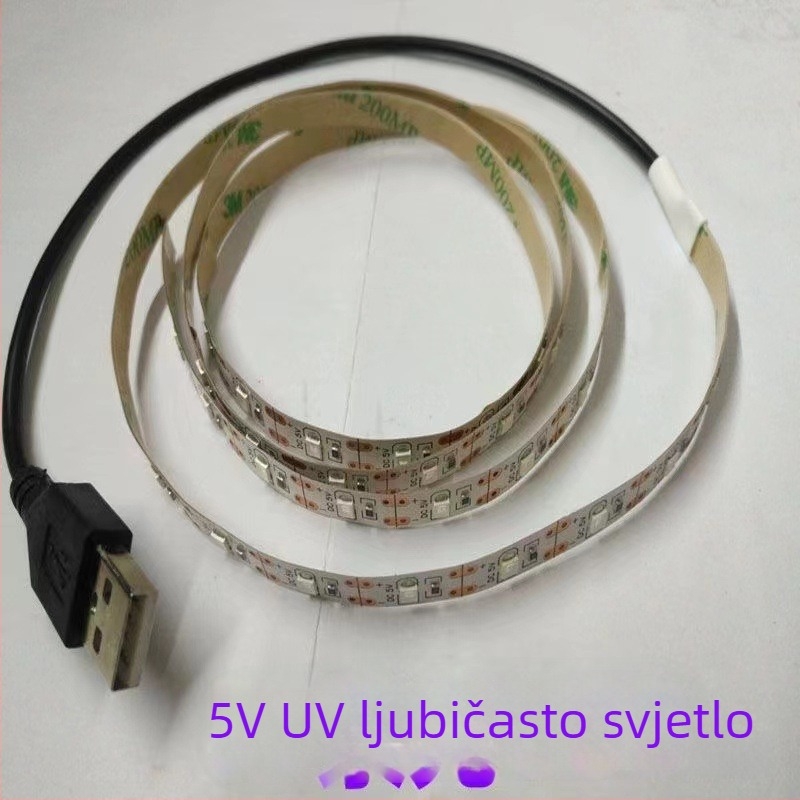 5V USB ljubičasta UV LED traka, 2835 SMD, 120 LED-a, 5,76 W/m, fleksibilna samoljepljiva traka za dezinfekciju