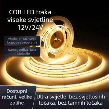 COB fleksibilna LED traka za unutarnje osvjetljenje, 12–24V, ugrađena u aluminijski kanal za vitrine i ormariće