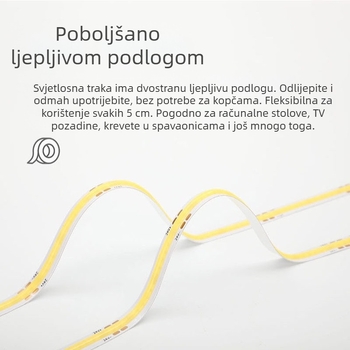 COB fleksibilna LED traka za unutarnje osvjetljenje, 12–24V, ugrađena u aluminijski kanal za vitrine i ormariće
