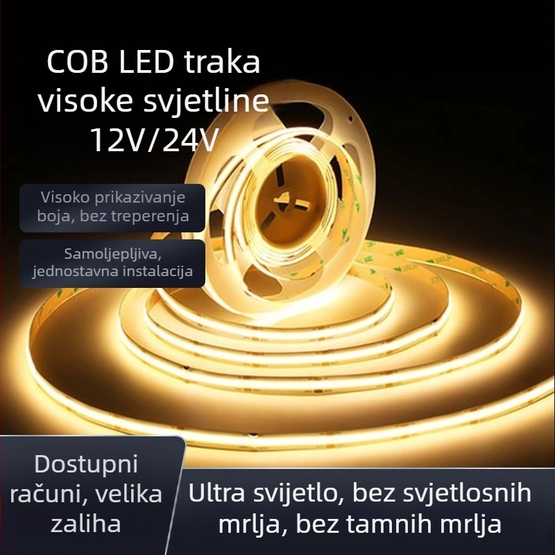 COB fleksibilna LED traka za unutarnje osvjetljenje, 12–24V, ugrađena u aluminijski kanal za vitrine i ormariće