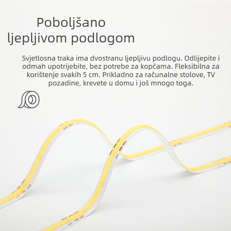 COB fleksibilna LED traka za unutarnje osvjetljenje, 12–24V, ugrađena u aluminijski kanal za vitrine i ormariće