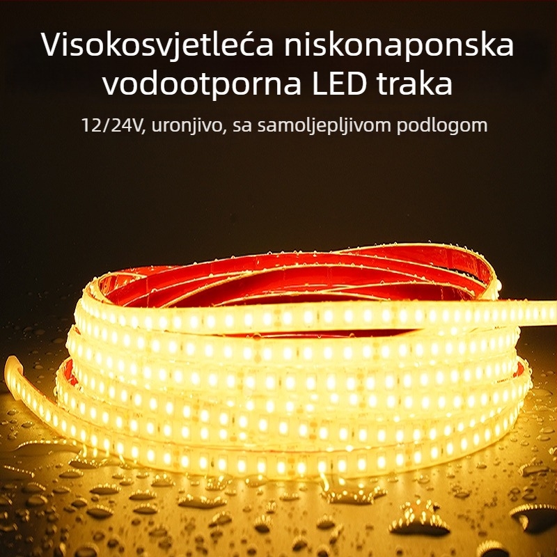 LED traka 24V/12V, visoka svjetlost, samoljepljiva, IP68 vodootporna, čvrsti silikon, za bazen