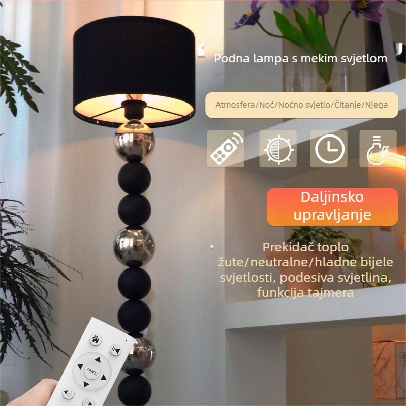 Minimalistična podna rasvjeta visokog sjaja za dnevni boravak, spavaću sobu i radnu sobu; sjenilo od tkanine, tijelo od nehrđajućeg čelika, LED, daljinski upravljač, prilagodljiva jačina i boja svjetla, topla svjetlost, visina 1,5–1,7 m.