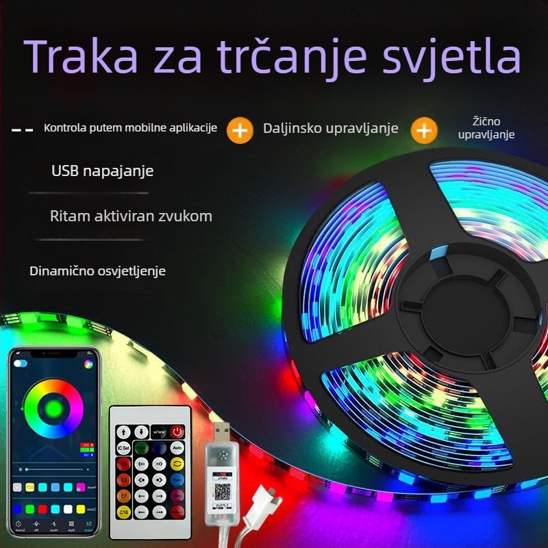 LED traka RGB 5V s ugrađenim IC-om, 5050 RGB, duljina 5 m, 30 LED, upravljanje aplikacijom, ambijentalno osvjetljenje gaming sobe