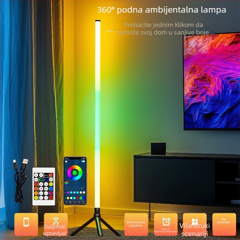 Šarena 5V podna ambijentalna svjetiljka s 360° promjenom boje, kontrola putem aplikacije, zvukom aktivirana i sinkronizirana s glazbom.