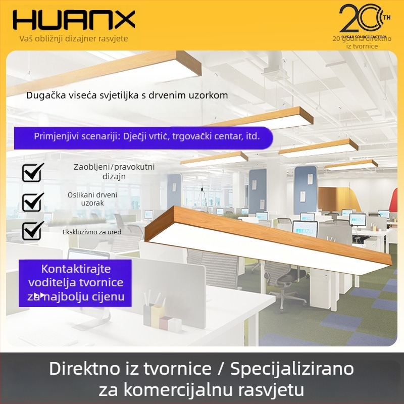 LED viseća svjetiljka s drvenom teksturom, dugačak traka, za uredske i trgovinske prostore
