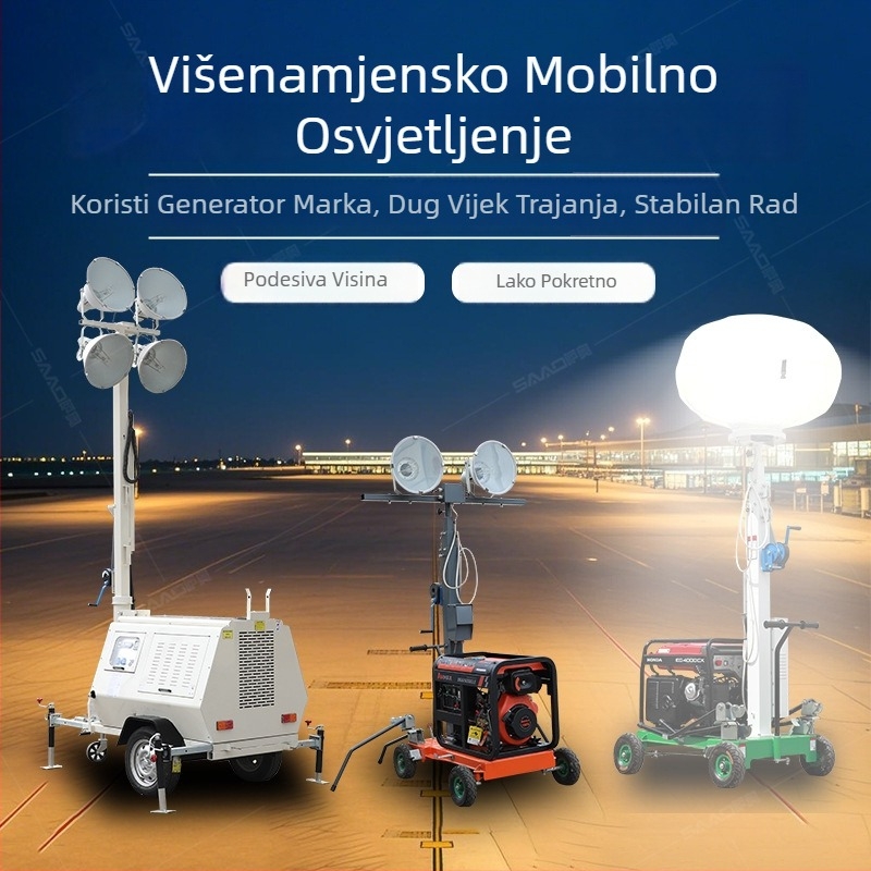 7-metarsko mobilno vozilo za rasvjetu vučeno, 9 m rasvjetnih kula, podesiva visina, oprema za nužno osvjetljenje za noćne turističke zone
