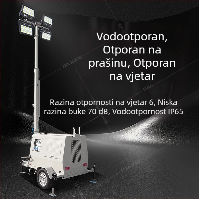 7-metarsko mobilno vozilo za rasvjetu vučeno, 9 m rasvjetnih kula, podesiva visina, oprema za nužno osvjetljenje za noćne turističke zone