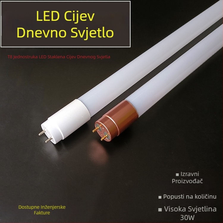 LED T8 staklena tubica, 30W, svijetla bijela / topla bijela / neutralna bijela, duljine 0,6–1,2 m