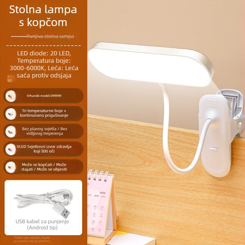 LED stolna lampica s zaštitom vida, klips za učenje – za studentski dom, dječja lampica za čitanje, punjiva, noćno svjetlo pored kreveta
