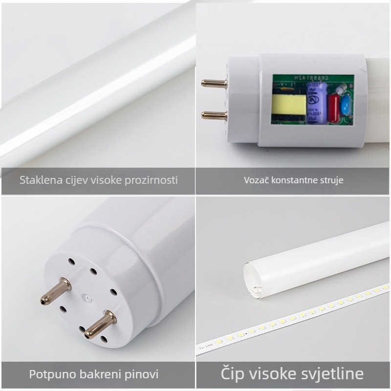 T8 LED fluorescentska cijev, 9W, 0,6 m, 48x2835 SMD, 120° snop, CRI 70, G13 priključak, stakleno tijelo