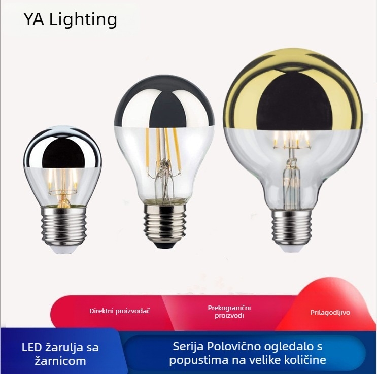 LED žarulja s vlaknom A60, poluplatirana kugla, 220V, E27, dekorativna rasvjeta sa srebrnim vrhom