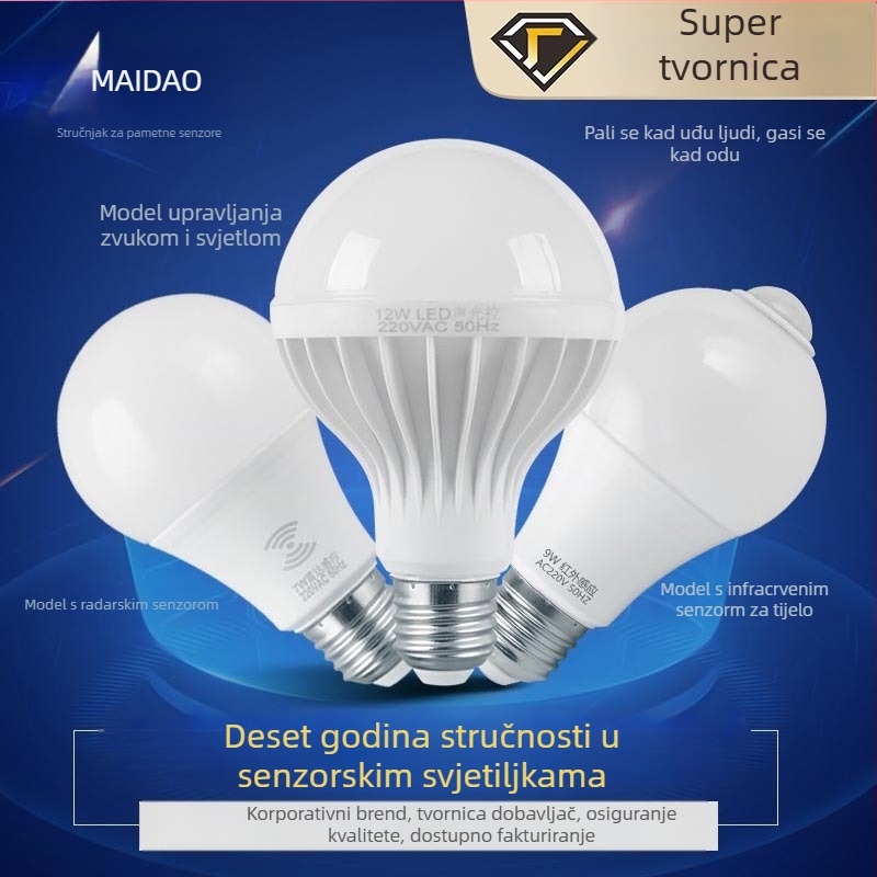 Pametna LED žarulja s kontrolom zvuka i svjetla, radar senzor, E27 utičnica