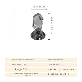 Kristalna noćna stolna lampa, modern minimalistički dizajn, dekorativno ambijentalno osvjetljenje s USB napajanjem