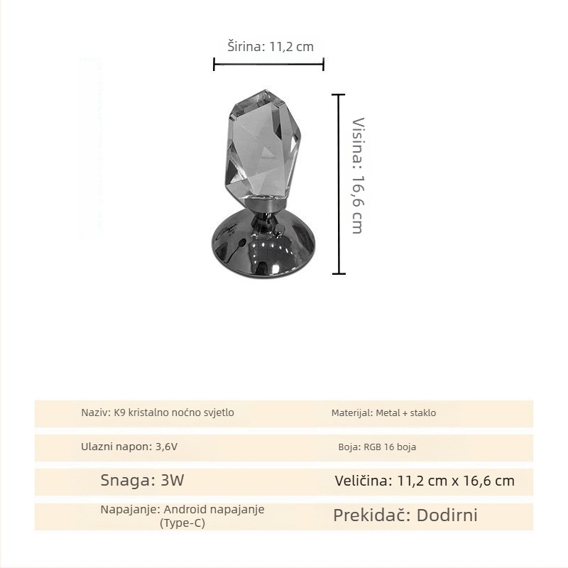 Kristalna noćna stolna lampa, modern minimalistički dizajn, dekorativno ambijentalno osvjetljenje s USB napajanjem