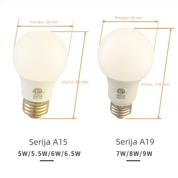 LED žarulja A19, ETL certificirana, američki standard, regulabilna tiristorom, 120V, 7-9W, A60